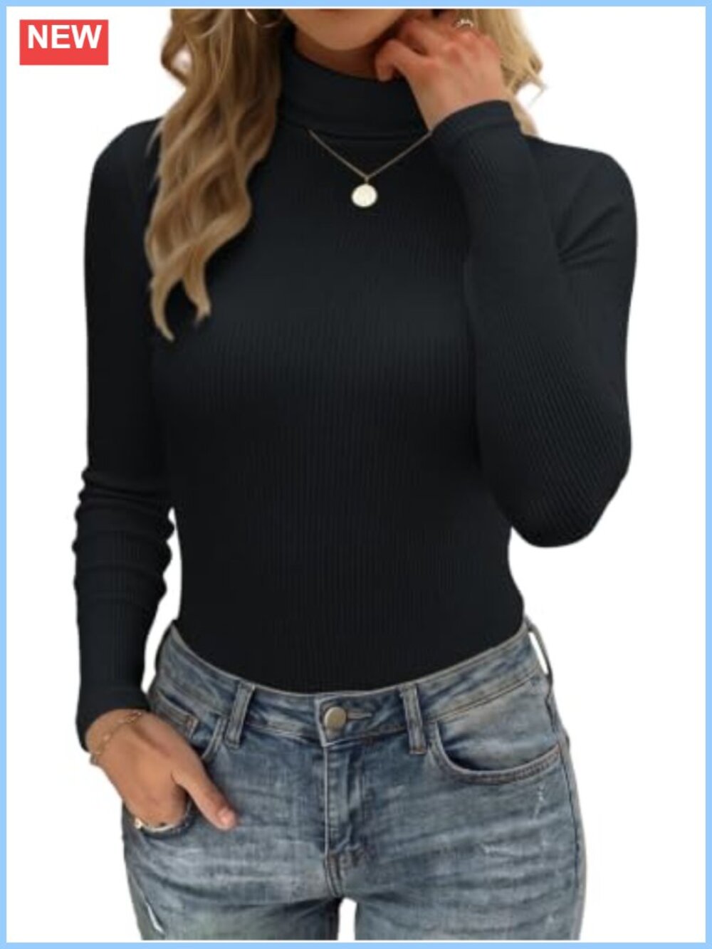 Turtleneck Long Sleeve Ribbed Top Fall Layering Essential Women